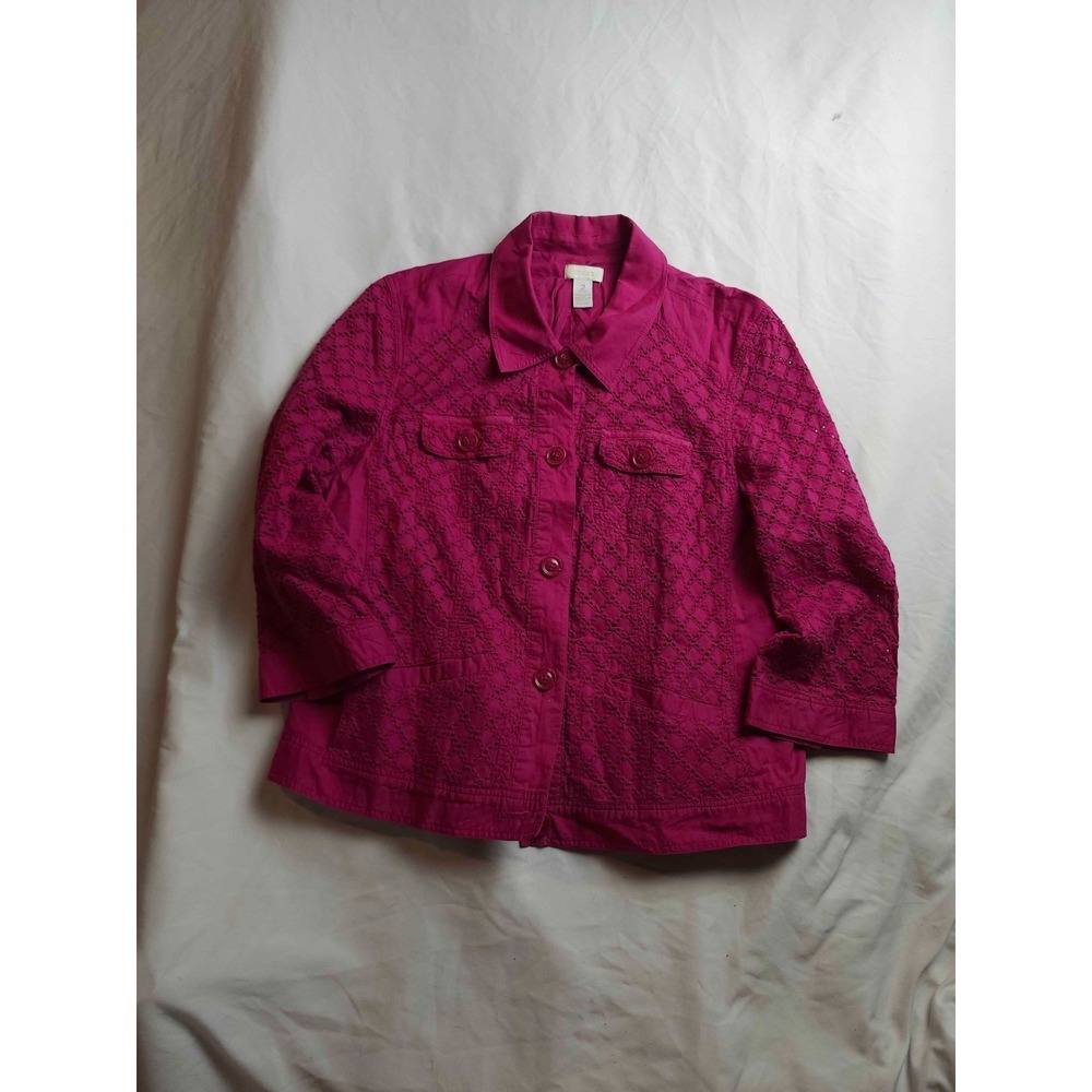 Chicos Eyelet Jacket Womens Size 2 Pink‎ Woven Shacket Classic Button Front
